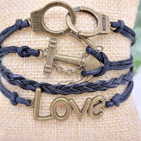 3/$20 Inspirational Black Stack Bracelet Love Anchor Freedom Hand Cuff - Picture 3 of 10